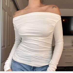 White Off the Shoulder Ruched Long Sleeve Top